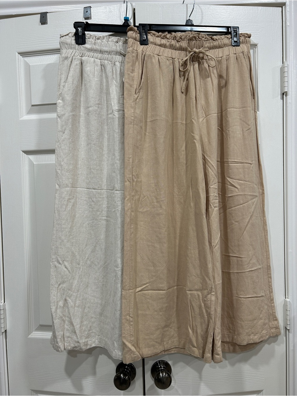2Pairs Relaxed Elastic-Waist Linen Pants in Cream & Tan